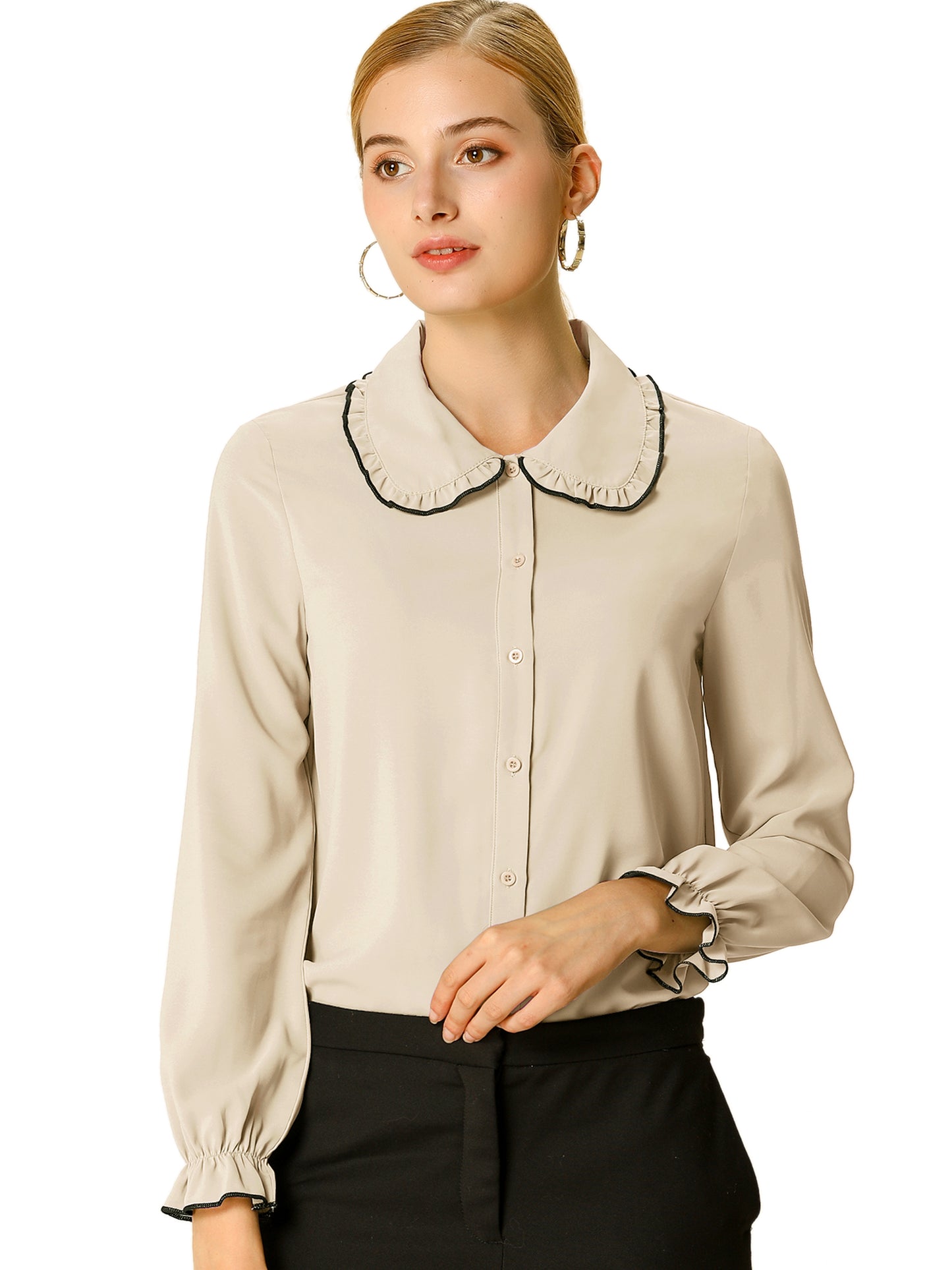 Women's Long Sleeve Sweet Ruffle Peter Pan Collar Button Down Shirt (Available in Plus Size)