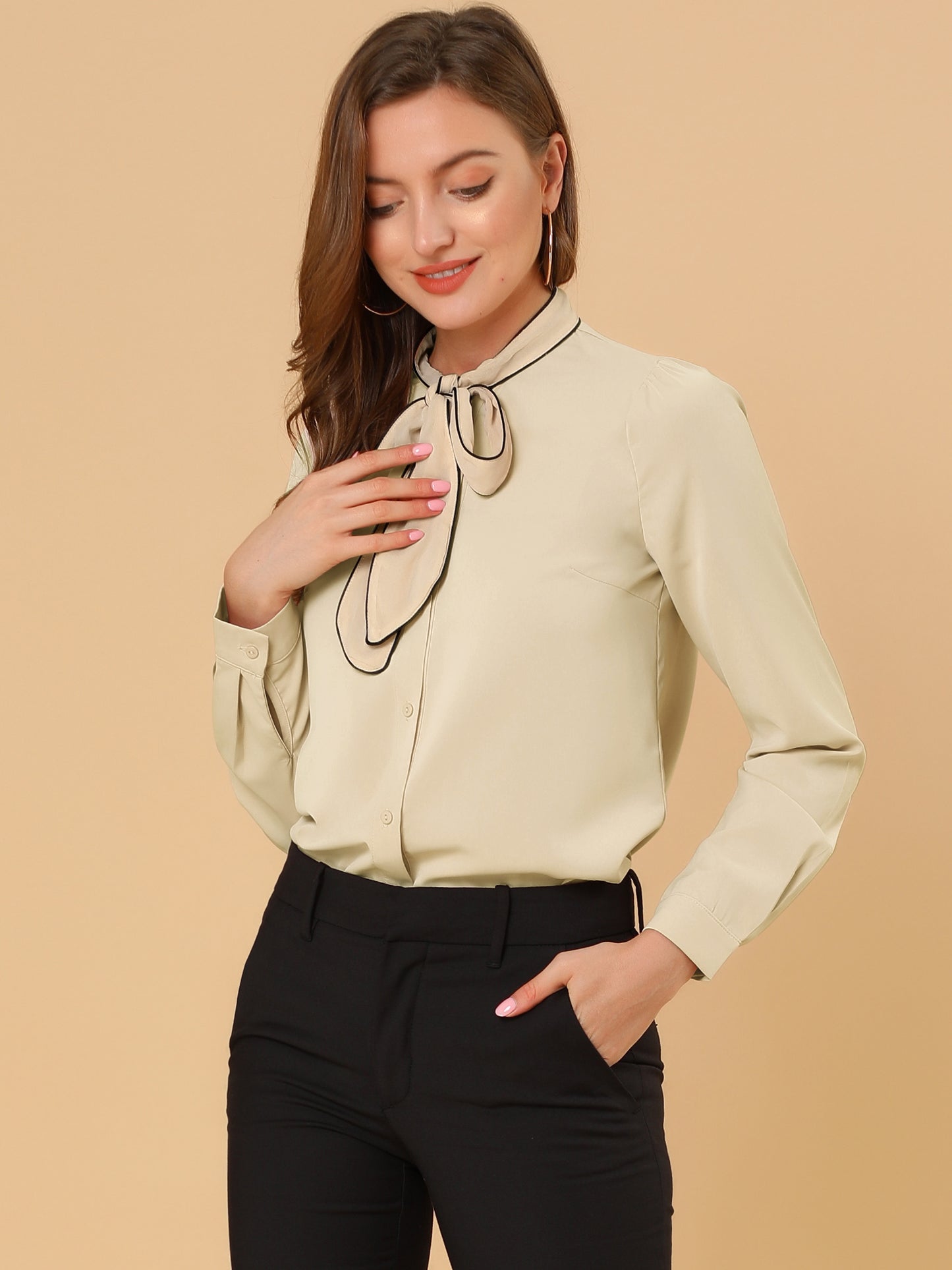 Women's Long Sleeve Bow Tie Button Down Business Casual Blouse Shirt (Available in Plus Size)