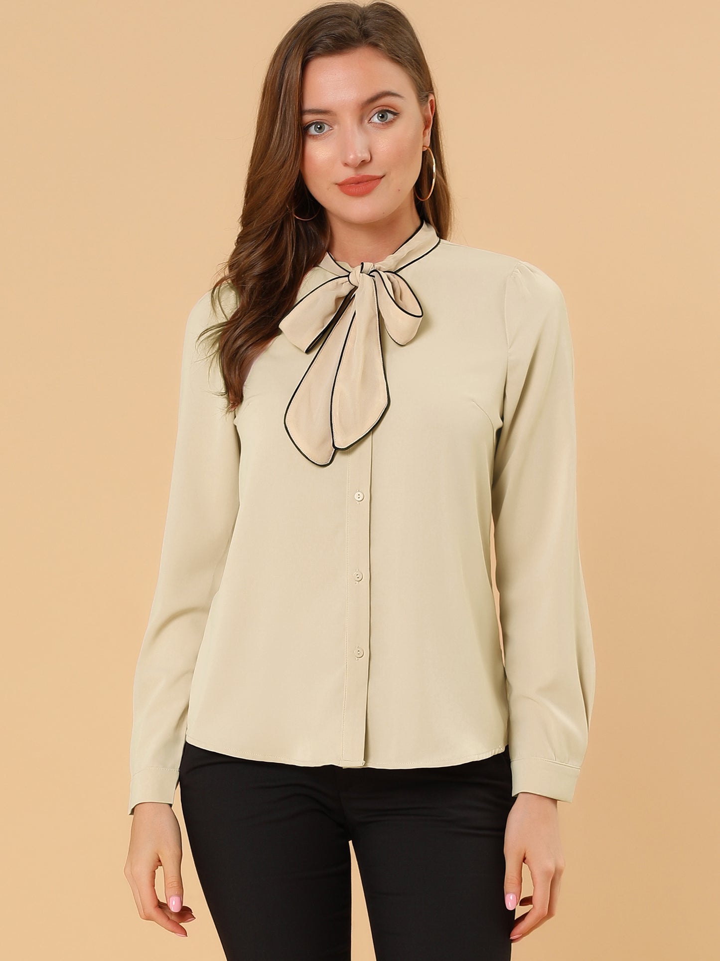 Women's Long Sleeve Bow Tie Button Down Business Casual Blouse Shirt (Available in Plus Size)