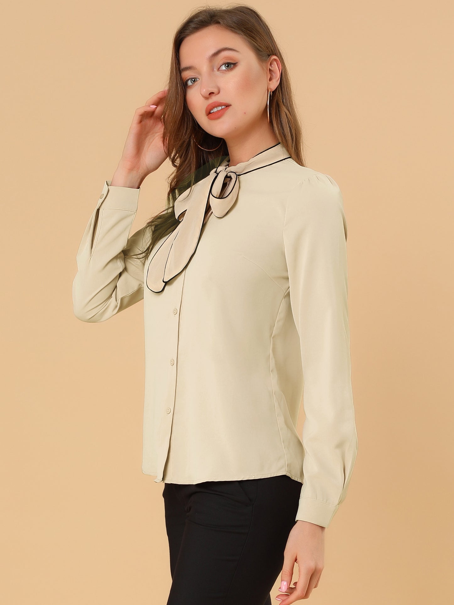 Women's Long Sleeve Bow Tie Button Down Business Casual Blouse Shirt (Available in Plus Size)