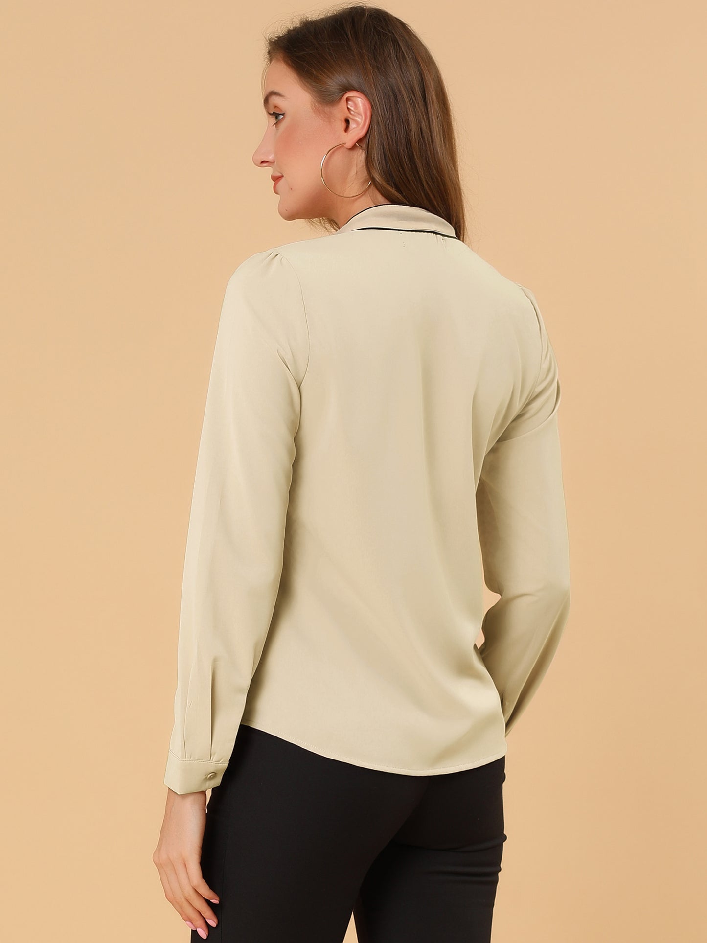 Women's Long Sleeve Bow Tie Button Down Business Casual Blouse Shirt (Available in Plus Size)
