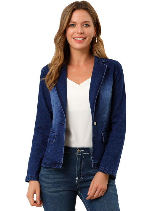 Women's Notched Lapel One Button Long Sleeve Washed Denim Blazer (Available in Plus Size)