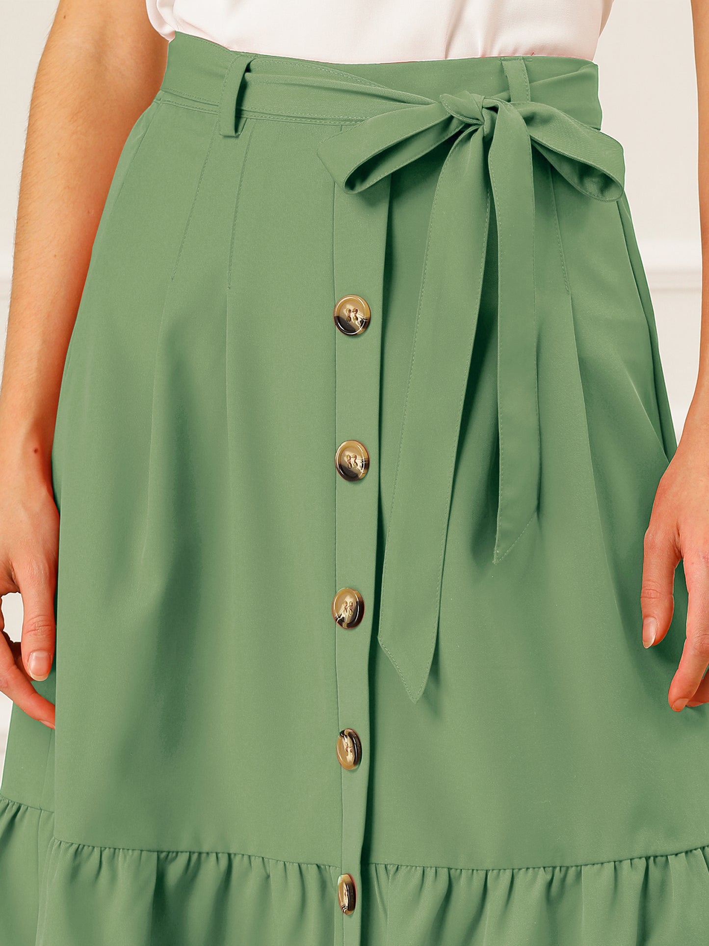 Women's Retro Button Front Tie Waist Flowy A-Line Chiffon Ruffle Midi Skirt