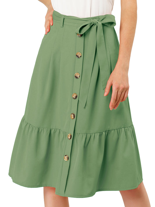 Women's Retro Button Front Tie Waist Flowy A-Line Chiffon Ruffle Midi Skirt