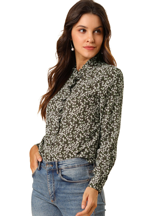 Women's Floral Printed Shirt Ruffled Button Up Mock Neck Blouse