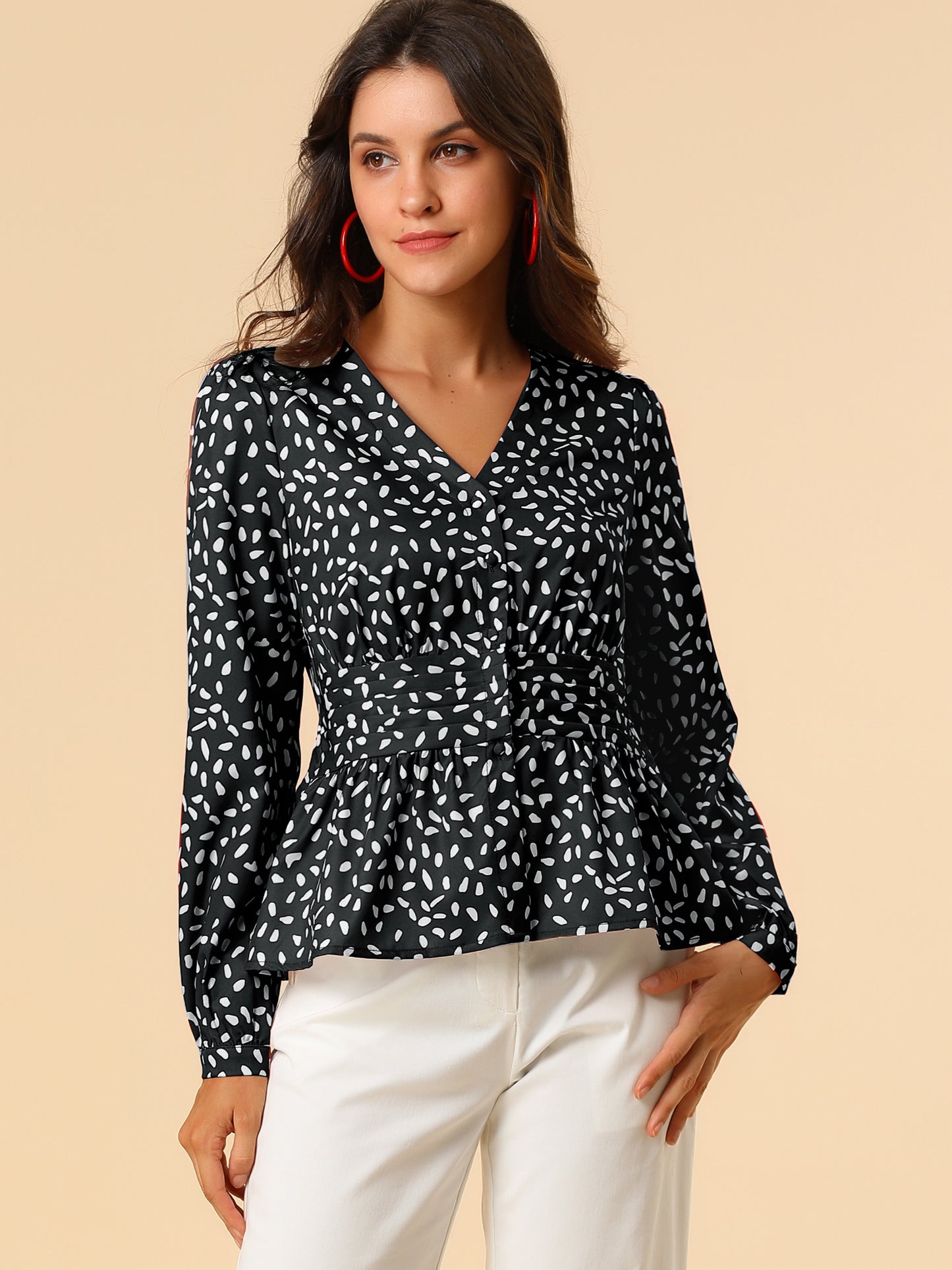Women's Elegant V Neck Dots Print Smocked Ruffled Hem Button Peplum Blouse