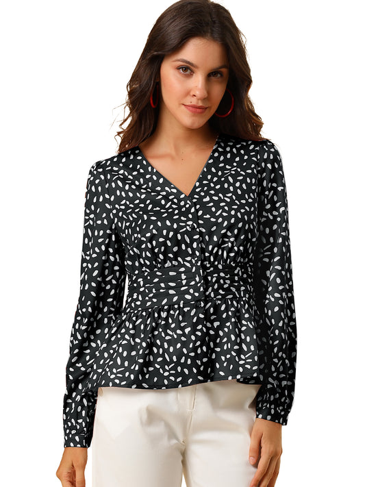 Women's Elegant V Neck Dots Print Smocked Ruffled Hem Button Peplum Blouse