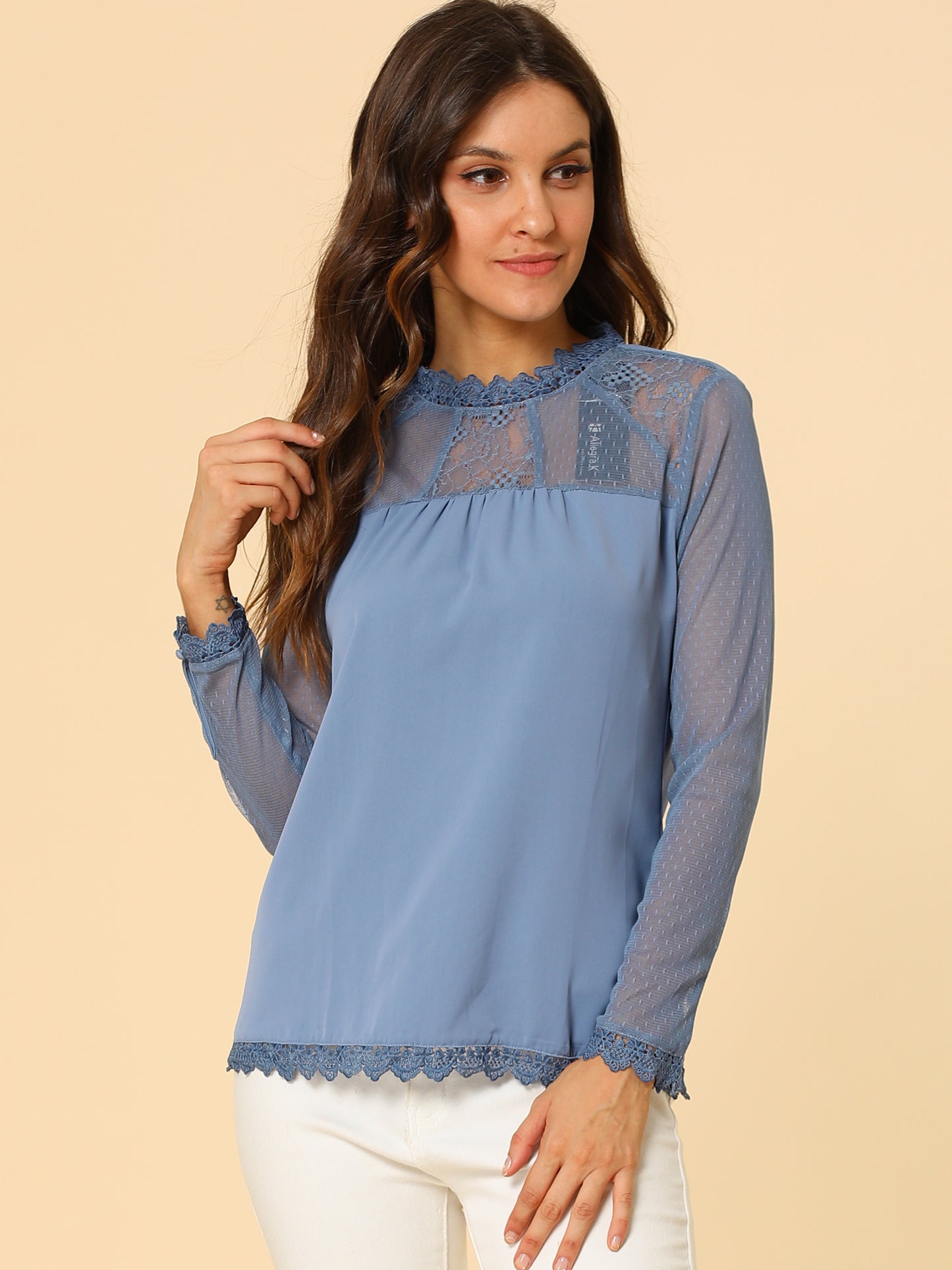 Women's Chiffon Top Elegant Sheer Mesh Lace Long Sleeve Blouse