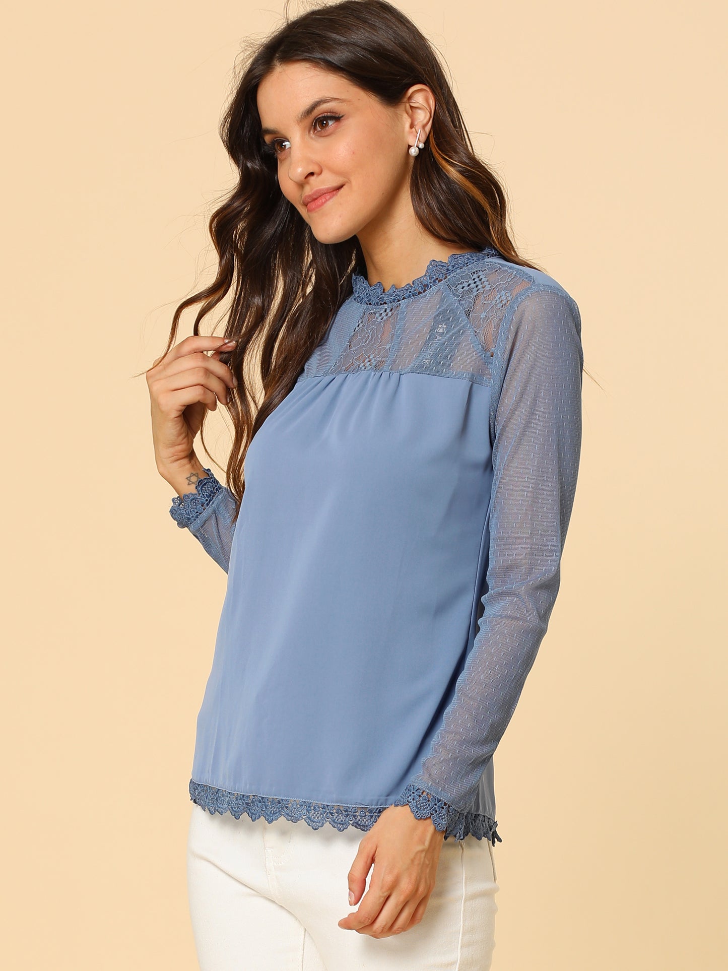 Women's Chiffon Top Elegant Sheer Mesh Lace Long Sleeve Blouse