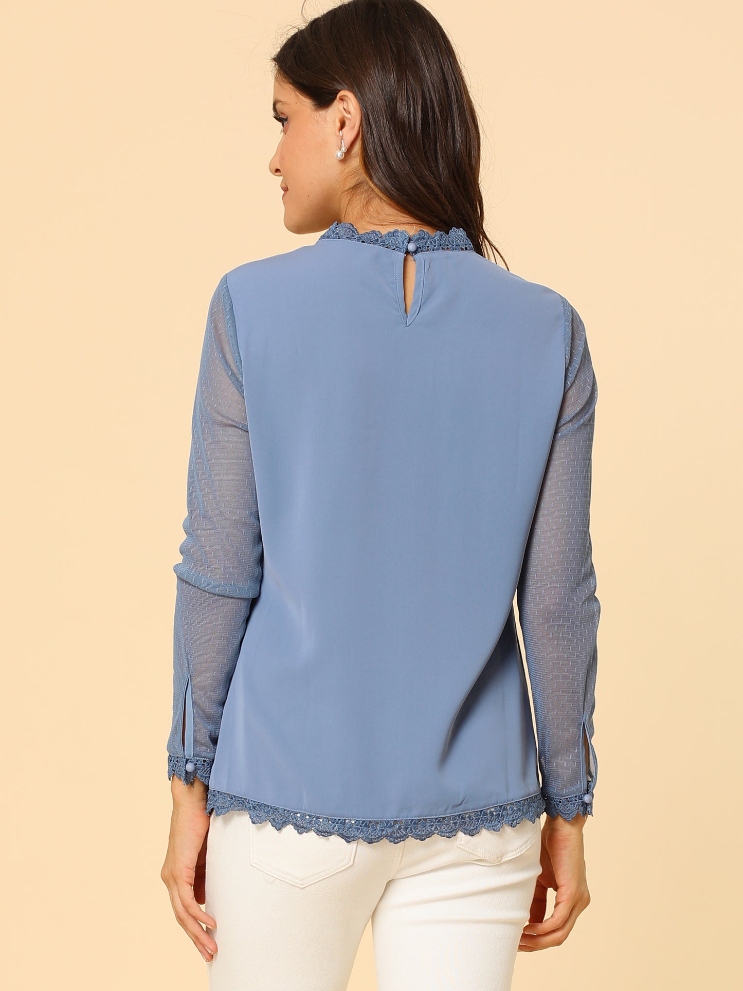 Women's Chiffon Top Elegant Sheer Mesh Lace Long Sleeve Blouse