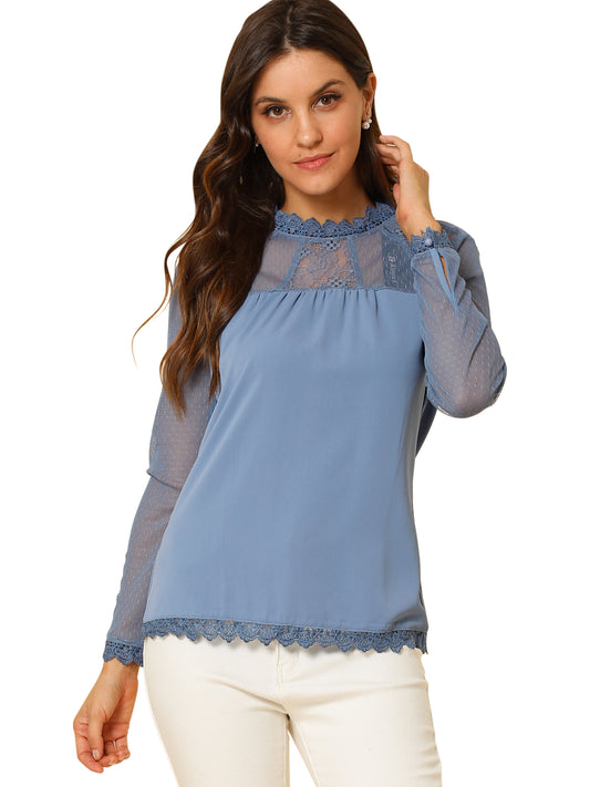 Women's Chiffon Top Elegant Sheer Mesh Lace Long Sleeve Blouse