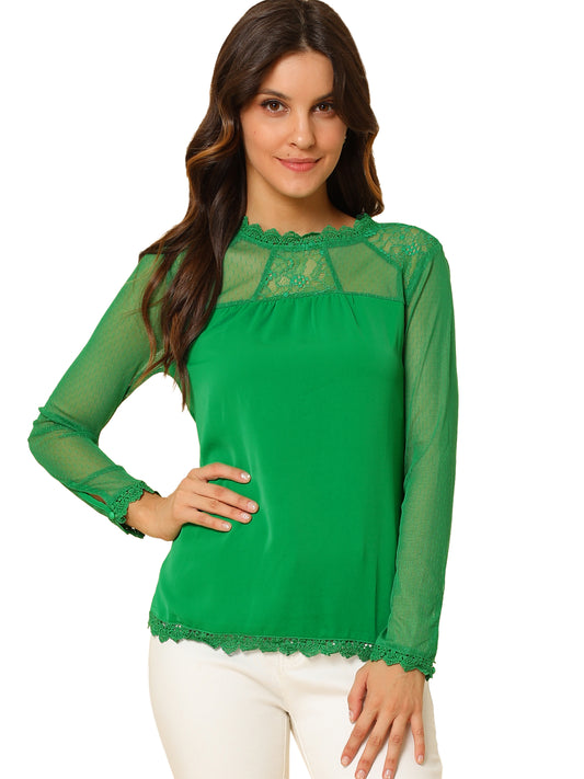 Women's Chiffon Top Elegant Sheer Mesh Lace Long Sleeve Blouse