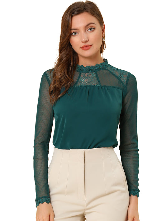 Women's Chiffon Top Elegant Sheer Mesh Lace Long Sleeve Blouse