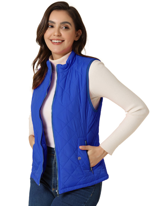 Woman Zip Up Front Stand Collar Slant Pockets Quilted Padded Vest (Available in Plus Size)