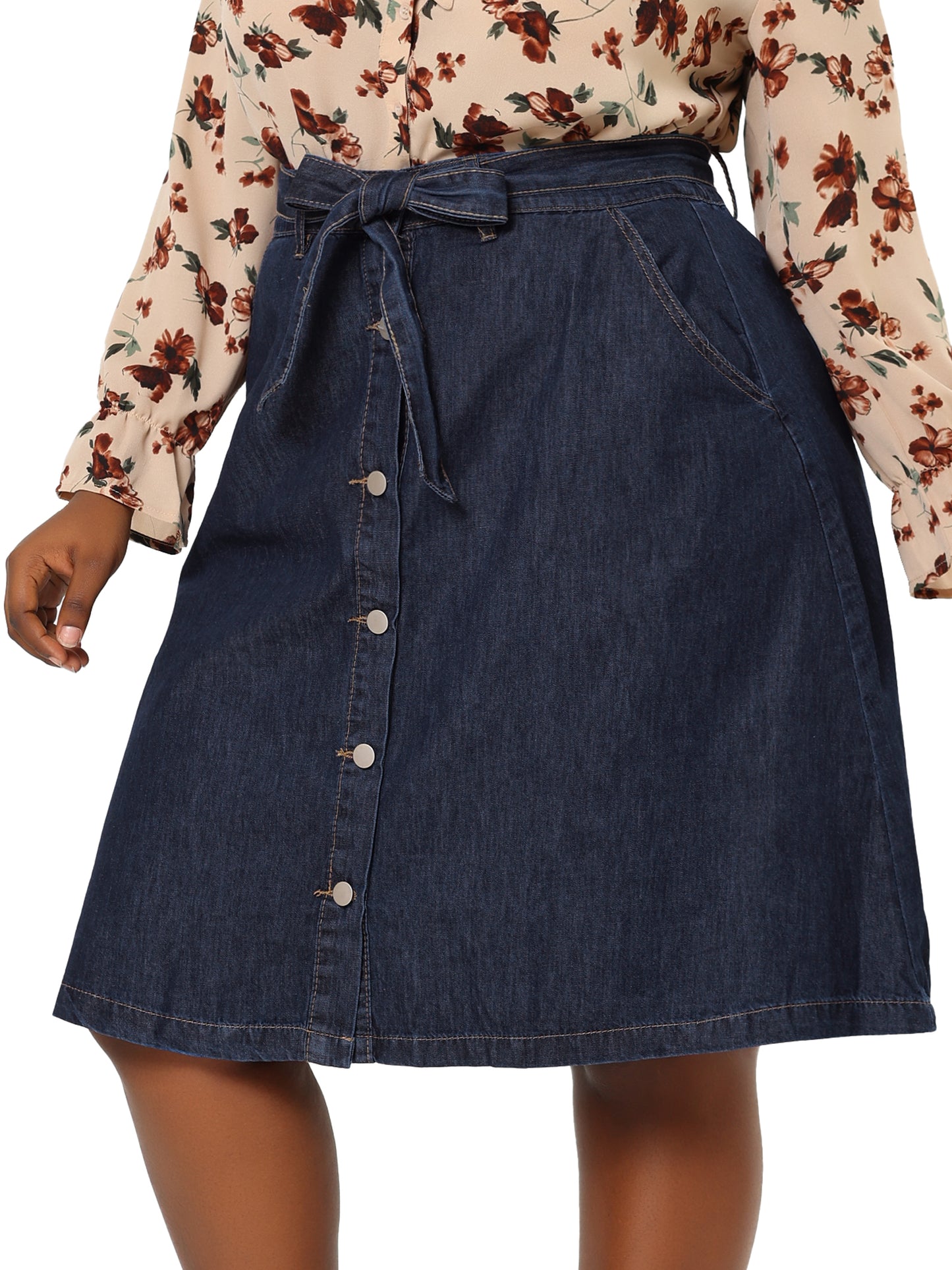 Faldas vaqueras de talla grande para mujer, con cintura anudada, corte A y bolsillos, falda vaquera midi de verano