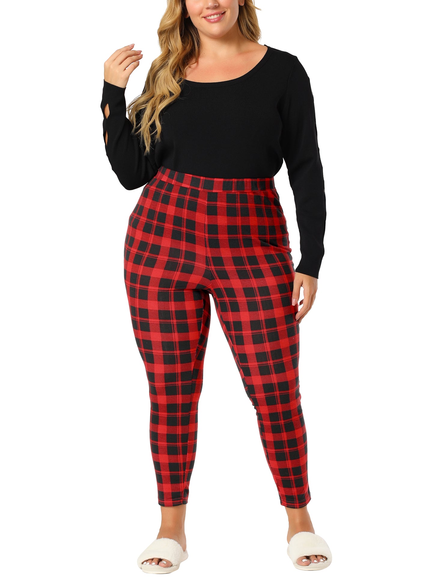 Women Plus Size Check Leggings Stretch Festive Glen Plaid Skinny Pant Legging Christmas