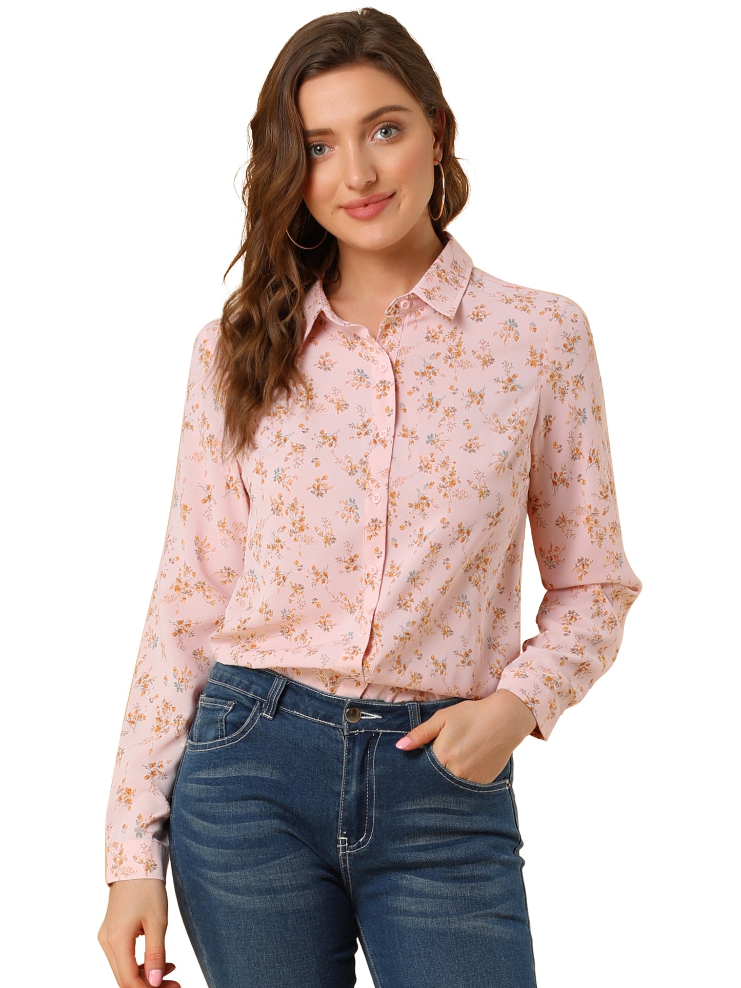 Women's Long Sleeve Button Down Ditsy Floral Shirt (Available in Plus Size)