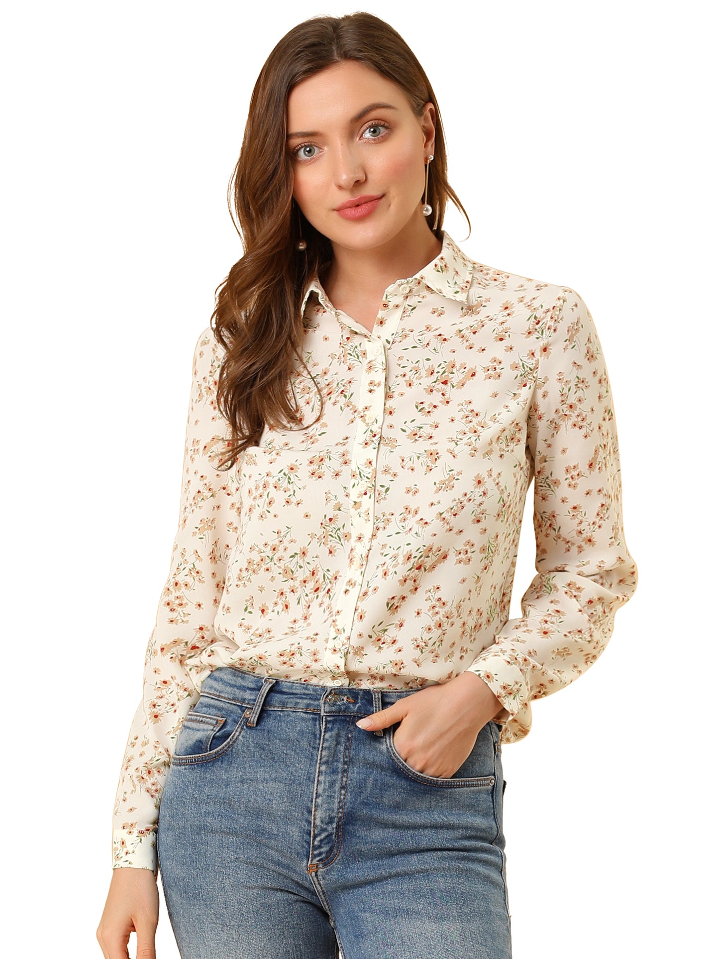Women's Long Sleeve Button Down Ditsy Floral Shirt (Available in Plus Size)