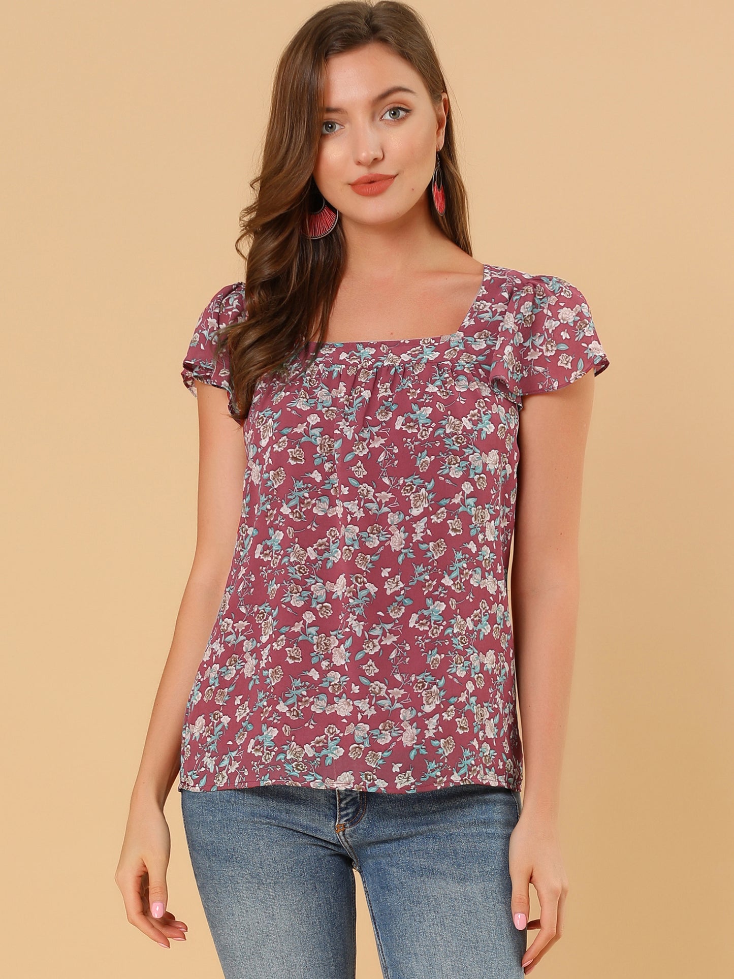 Women's Floral Blouse Summer Casual Square Neck Chiffon Short Sleeve Ruffle Top