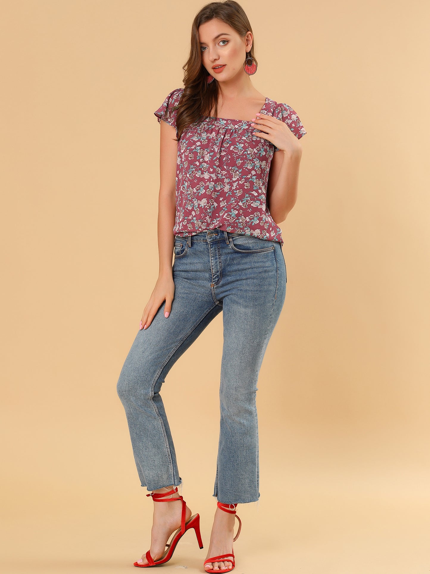 Women's Floral Blouse Summer Casual Square Neck Chiffon Short Sleeve Ruffle Top
