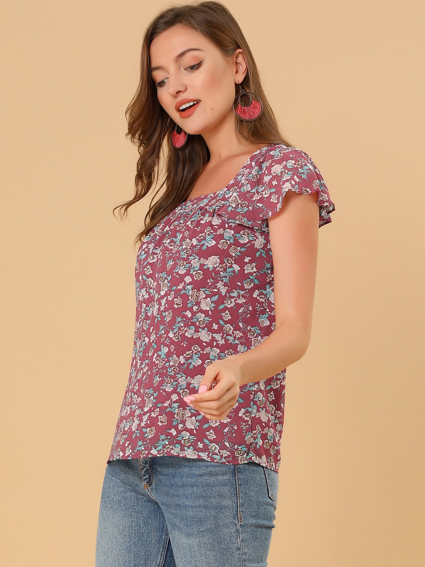 Women's Floral Blouse Summer Casual Square Neck Chiffon Short Sleeve Ruffle Top