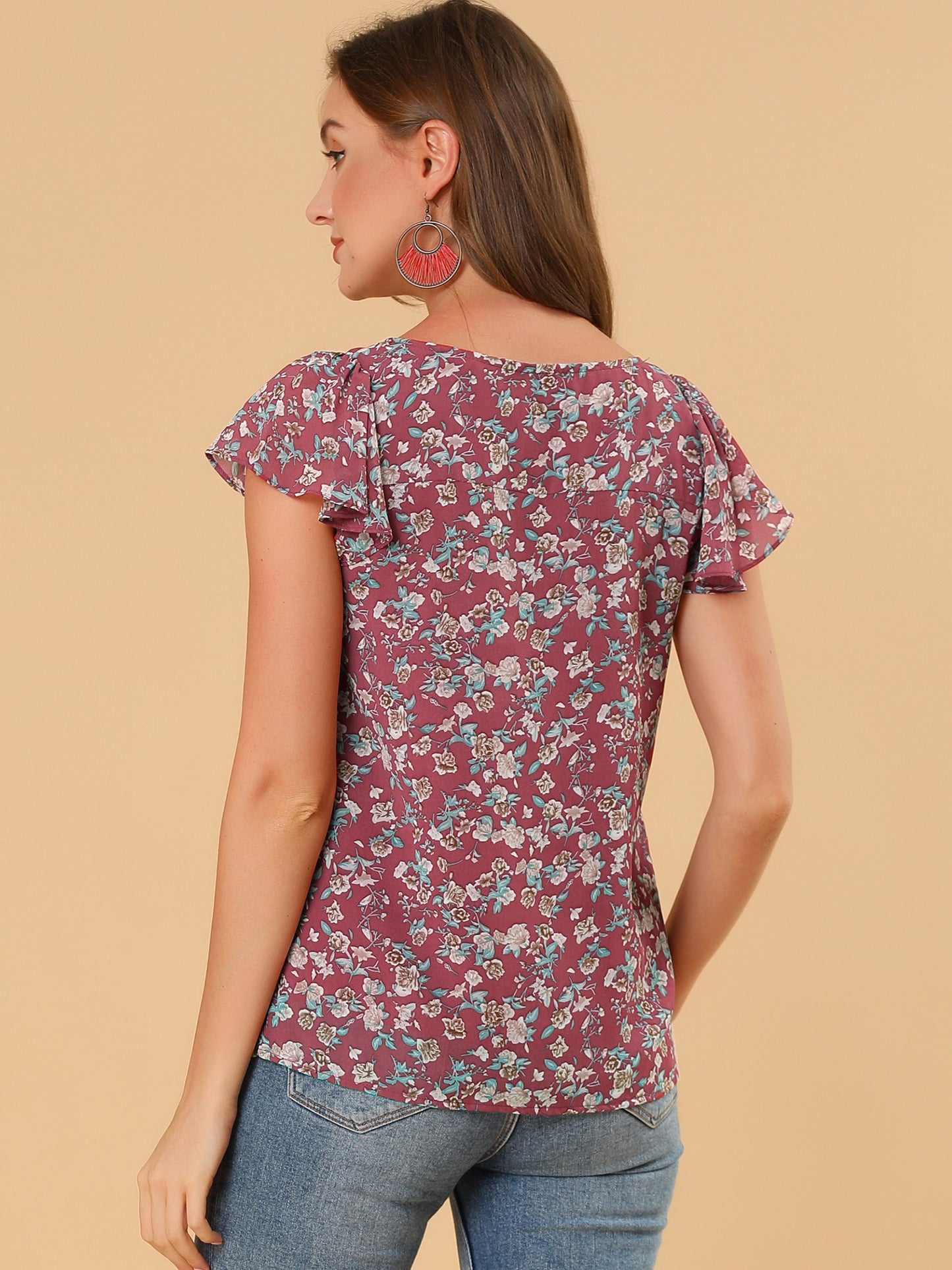 Women's Floral Blouse Summer Casual Square Neck Chiffon Short Sleeve Ruffle Top