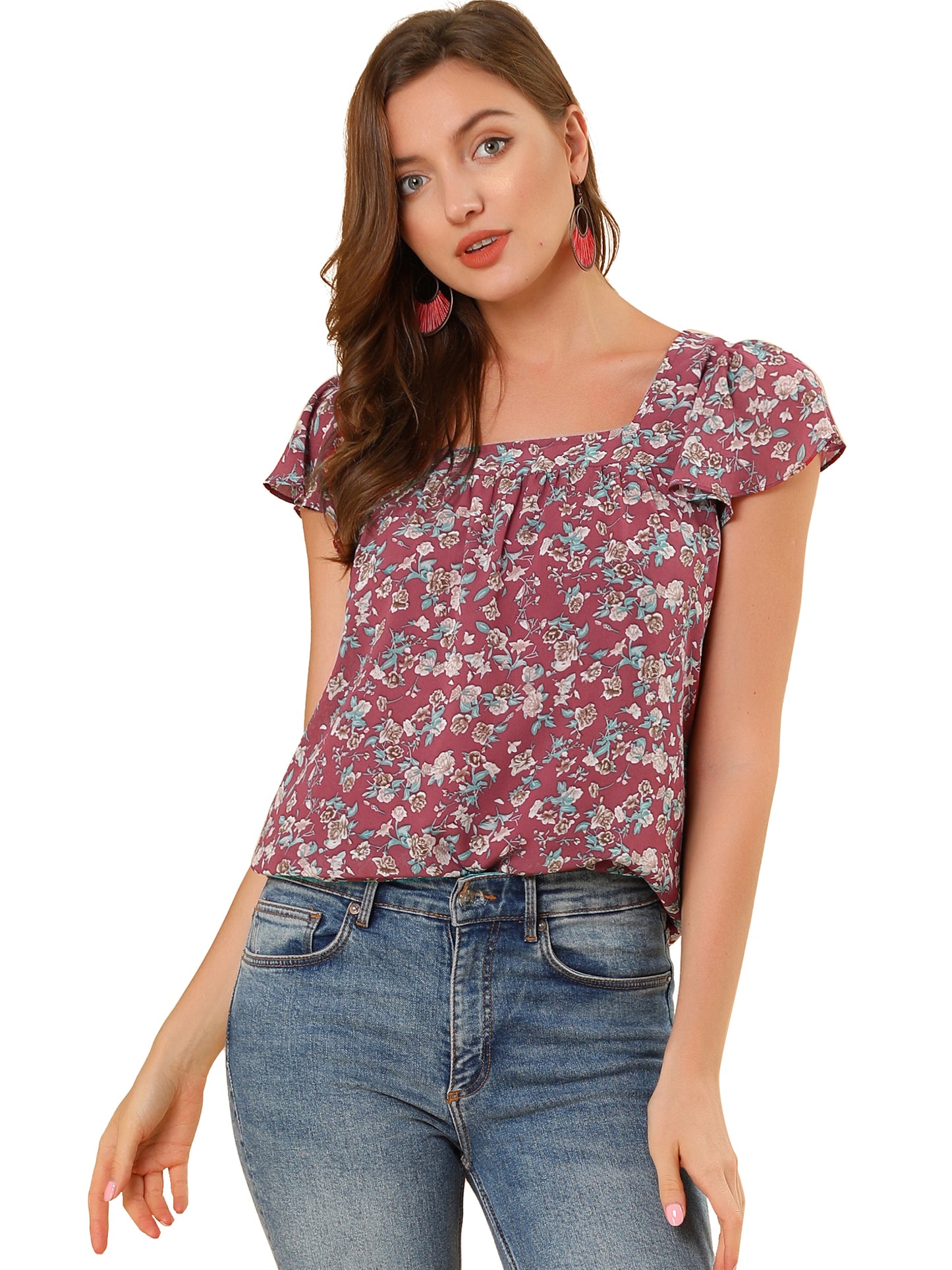Women's Floral Blouse Summer Casual Square Neck Chiffon Short Sleeve Ruffle Top