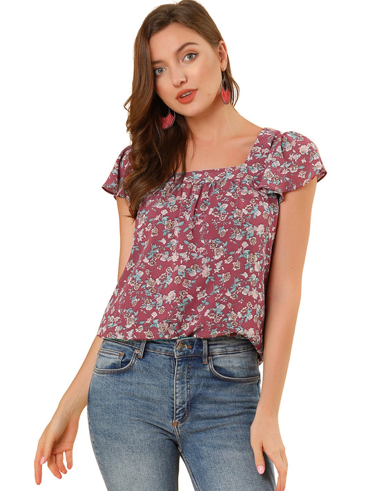 Women's Floral Blouse Summer Casual Square Neck Chiffon Short Sleeve Ruffle Top