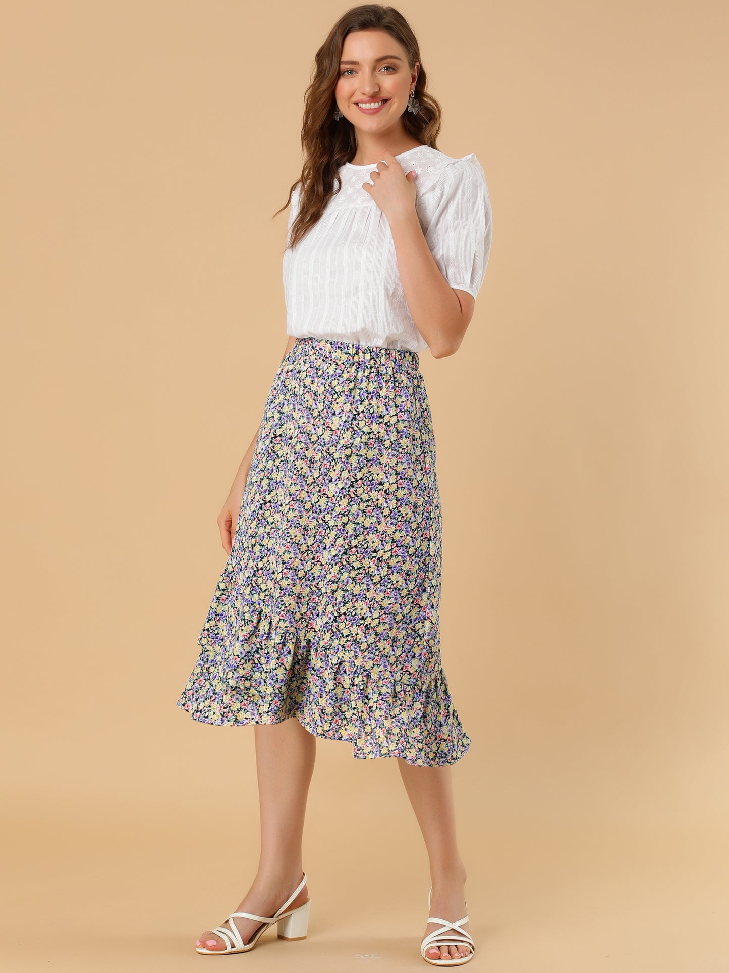 Falda floral de verano para mujer, cintura elástica, dobladillo alto y bajo con volantes, falda midi