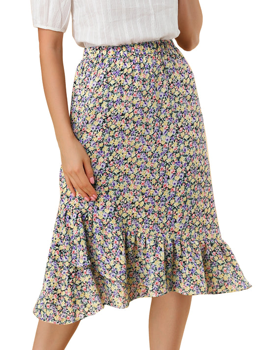 Falda floral de verano para mujer, cintura elástica, dobladillo alto y bajo con volantes, falda midi