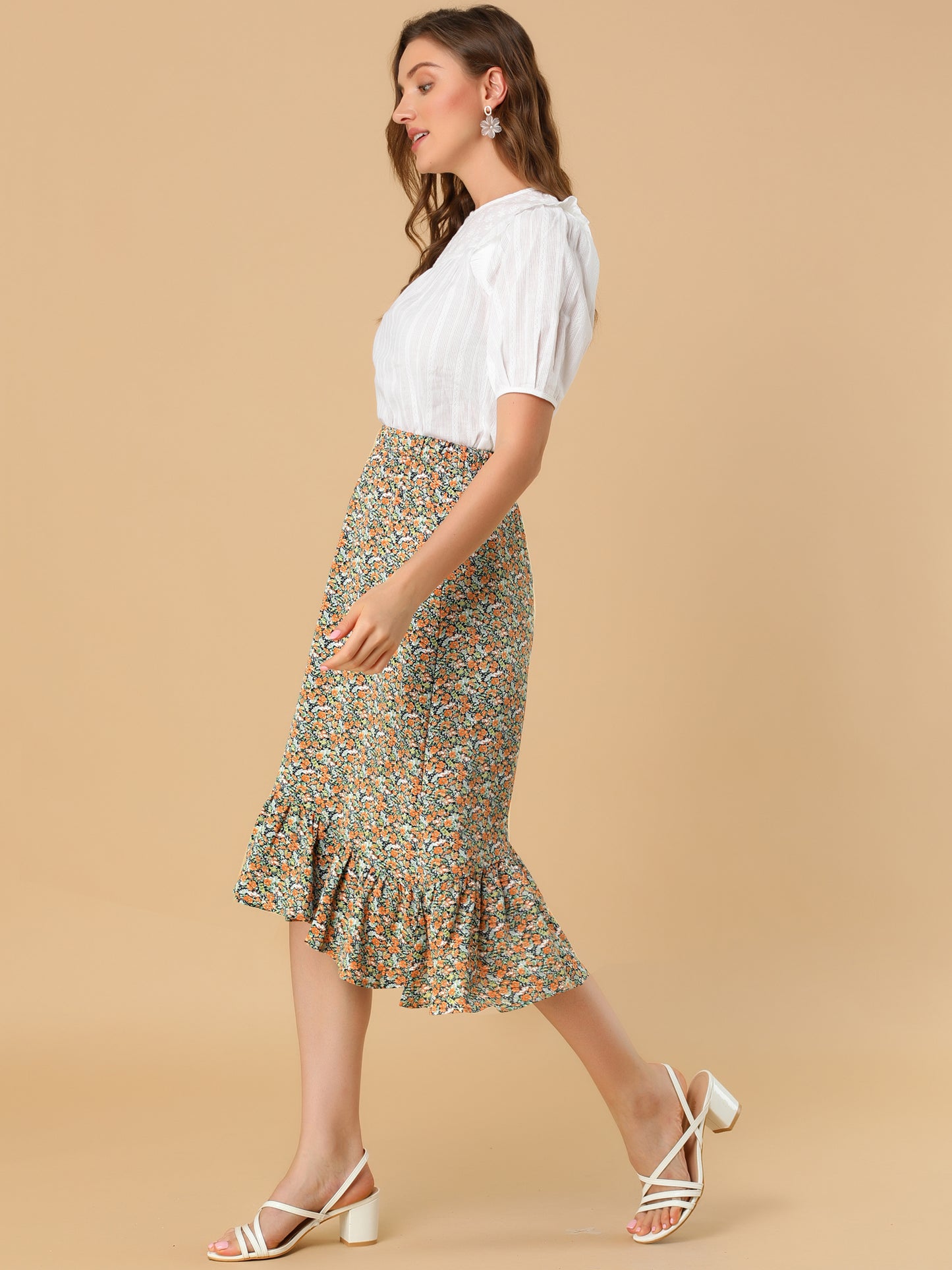 Falda floral de verano para mujer, cintura elástica, dobladillo alto y bajo con volantes, falda midi
