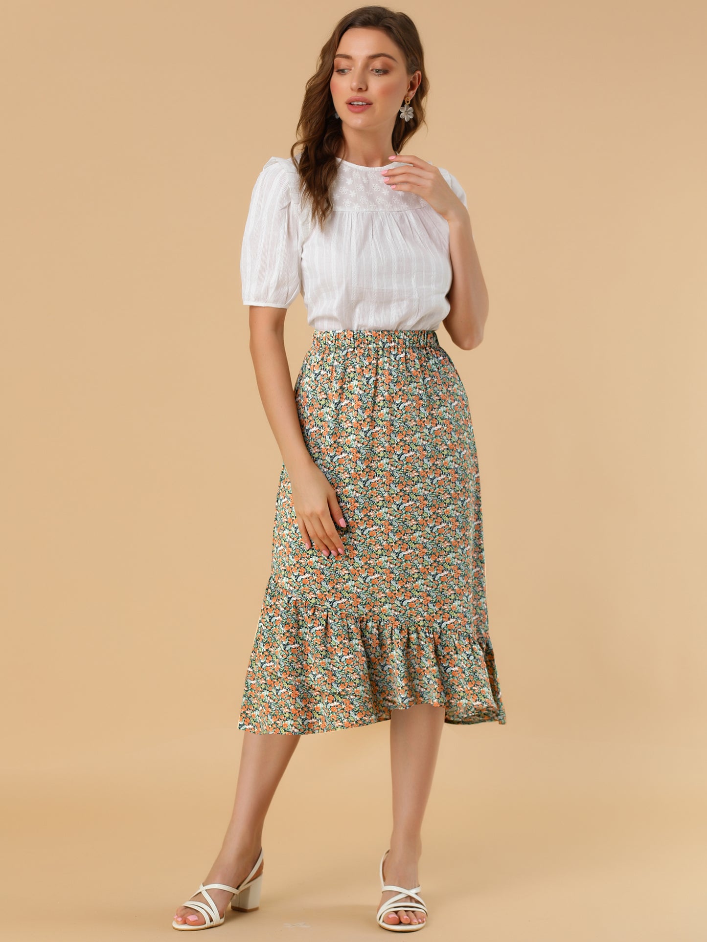 Falda floral de verano para mujer, cintura elástica, dobladillo alto y bajo con volantes, falda midi