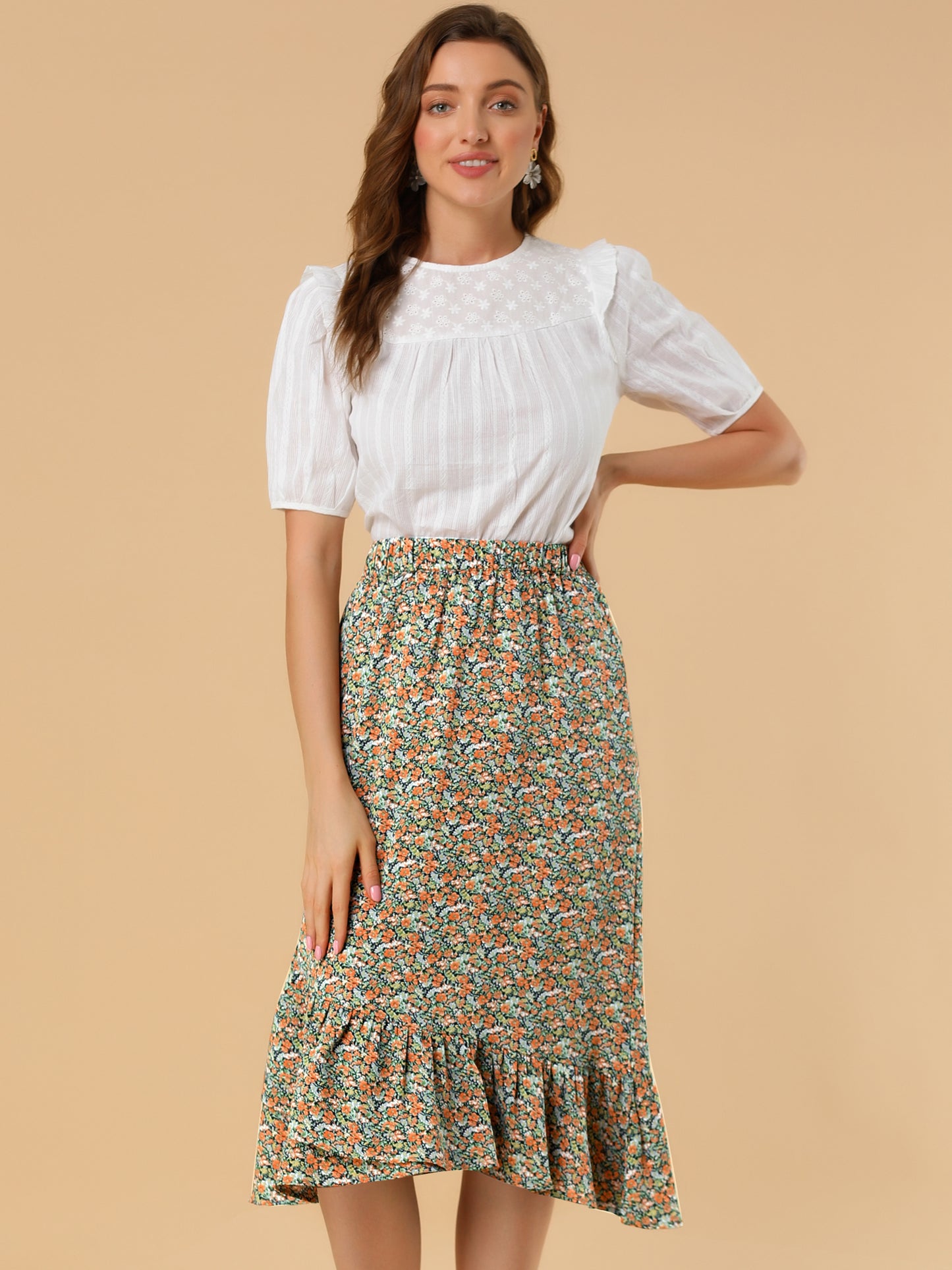 Falda floral de verano para mujer, cintura elástica, dobladillo alto y bajo con volantes, falda midi