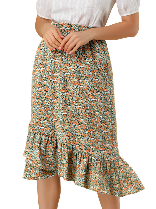 Falda floral de verano para mujer, cintura elástica, dobladillo alto y bajo con volantes, falda midi