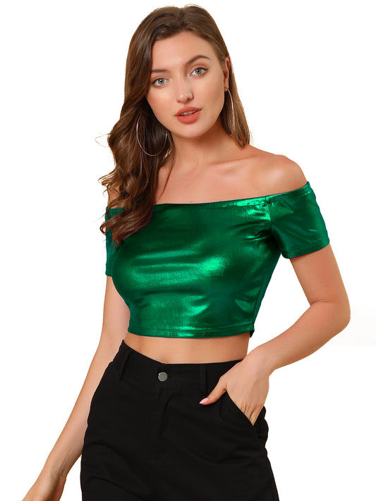 Women's Off Shoulder Party Club Slim Fit Shiny Metallic Crop Top