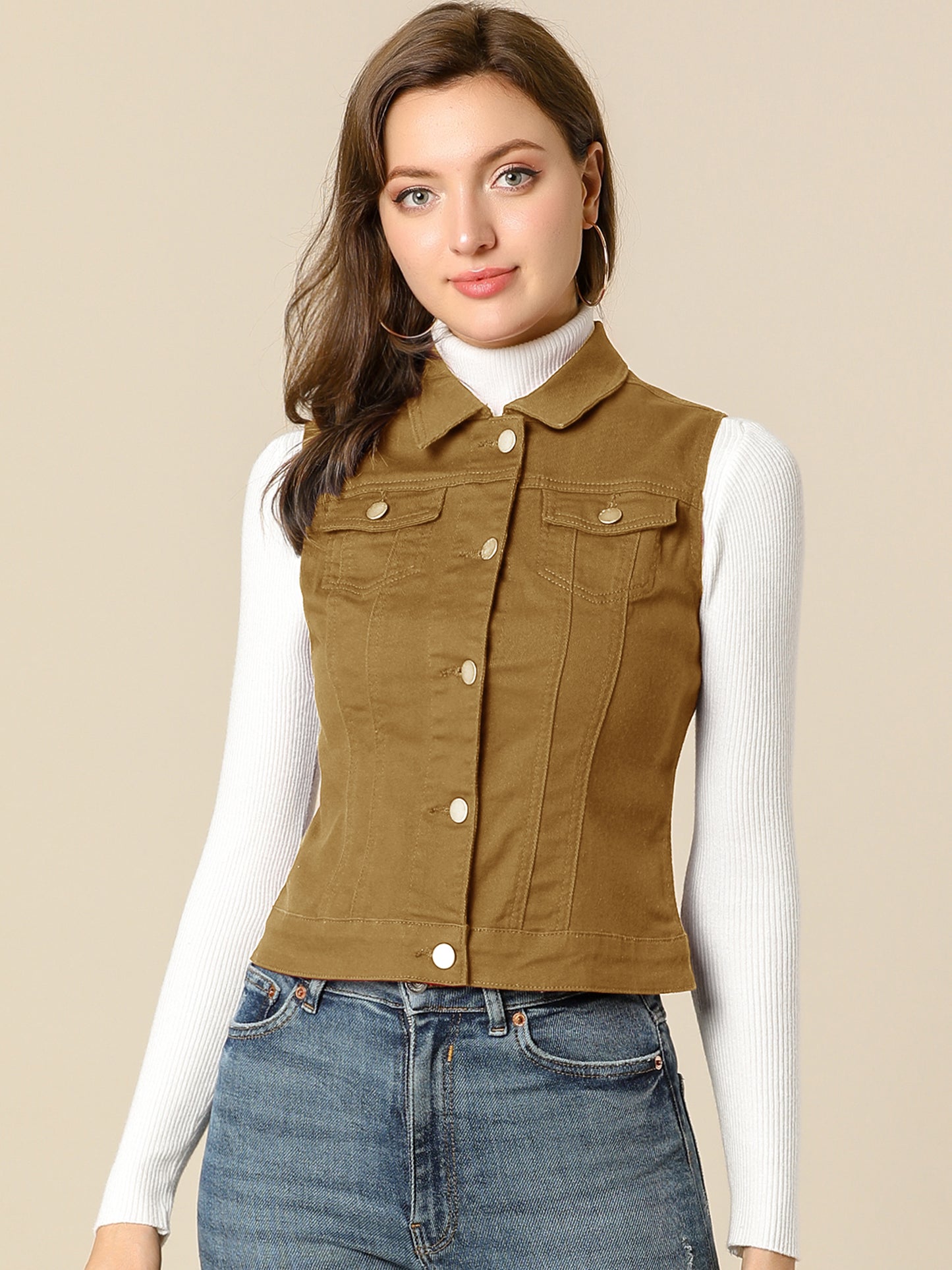 Women's Buttoned Washed Denim Vest Jacket W Chest Flap Pockets