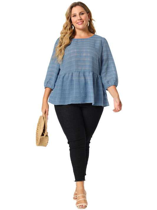 Women Plus Size Babydoll Blouse Round Neck 3/4 Puff Sleeve Tiered Lace Peplum Top
