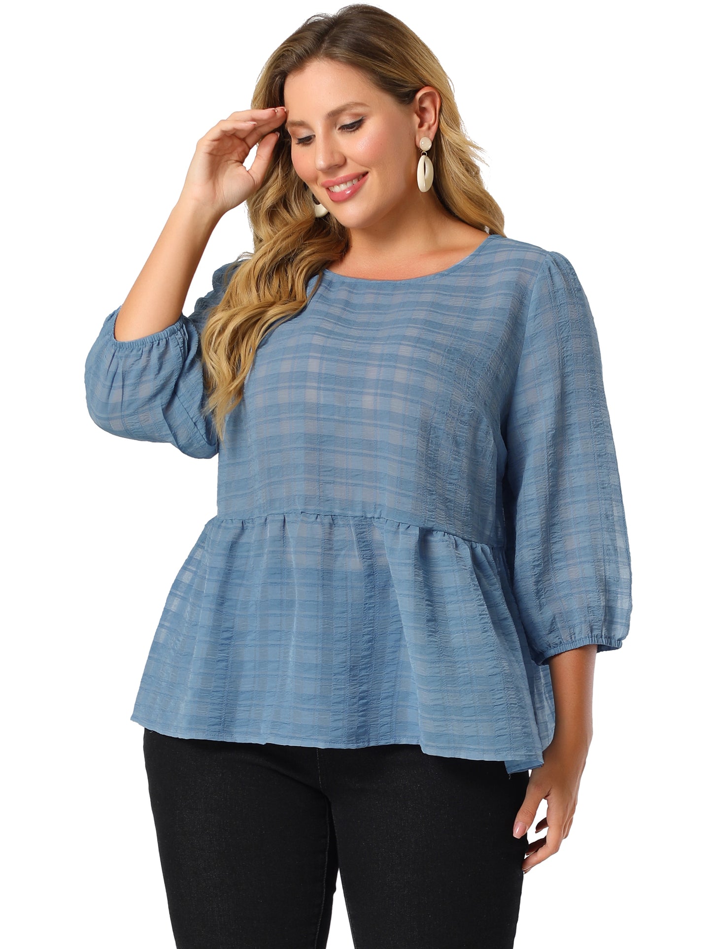 Women Plus Size Babydoll Blouse Round Neck 3/4 Puff Sleeve Tiered Lace Peplum Top