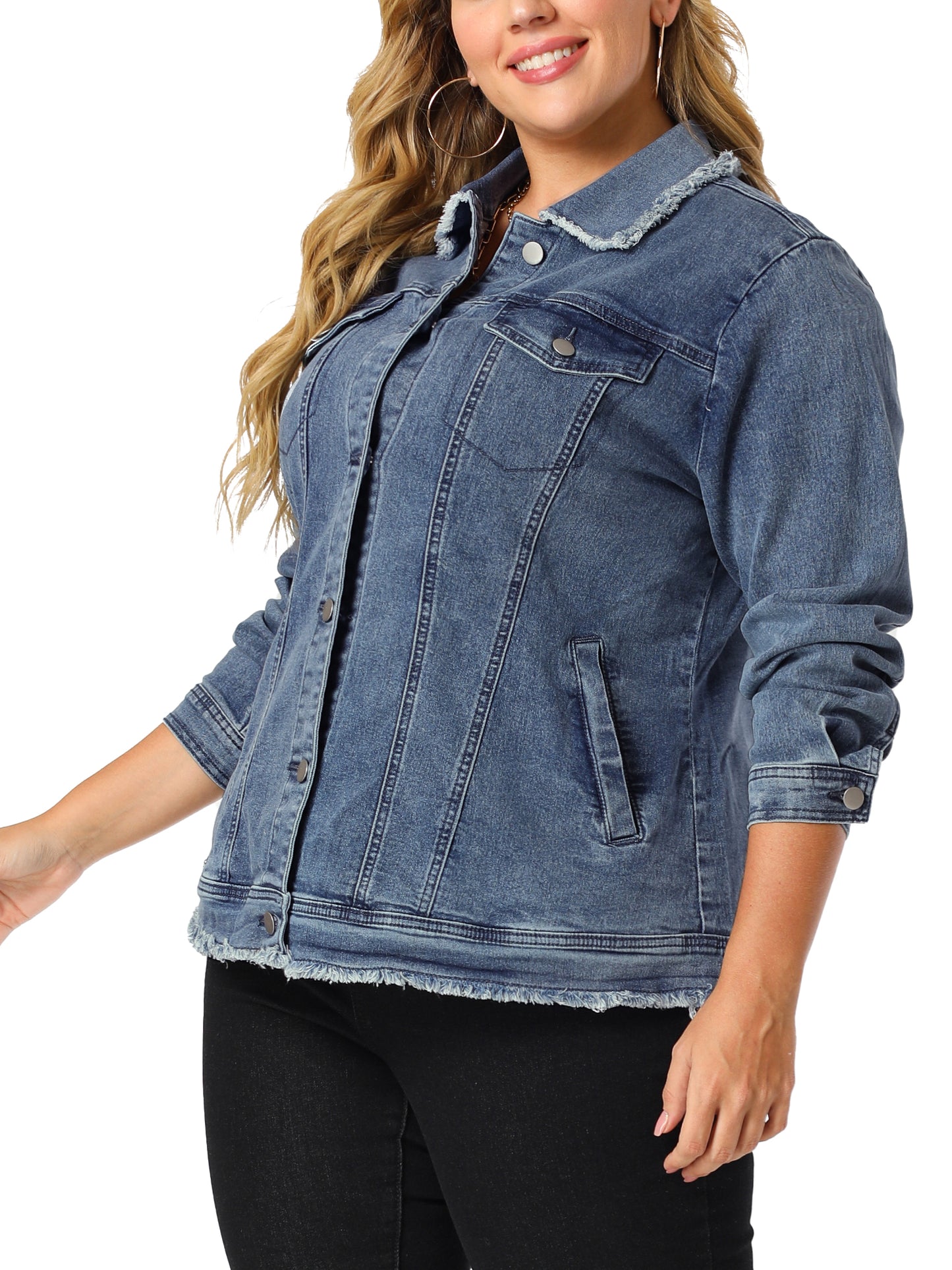 Women Plus Size Denim Jackets Frayed Hem Classic Washed Jean Jacket