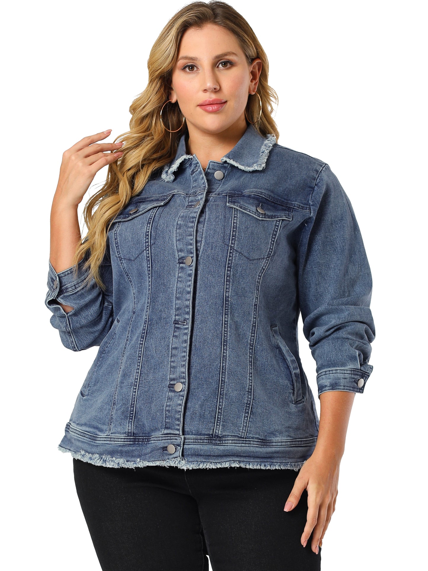 Women Plus Size Denim Jackets Frayed Hem Classic Washed Jean Jacket