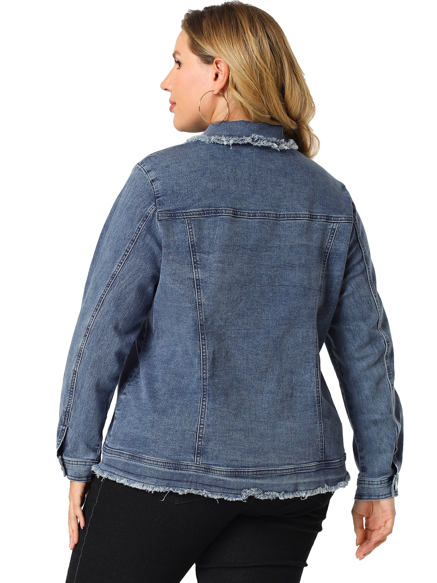 Women Plus Size Denim Jackets Frayed Hem Classic Washed Jean Jacket