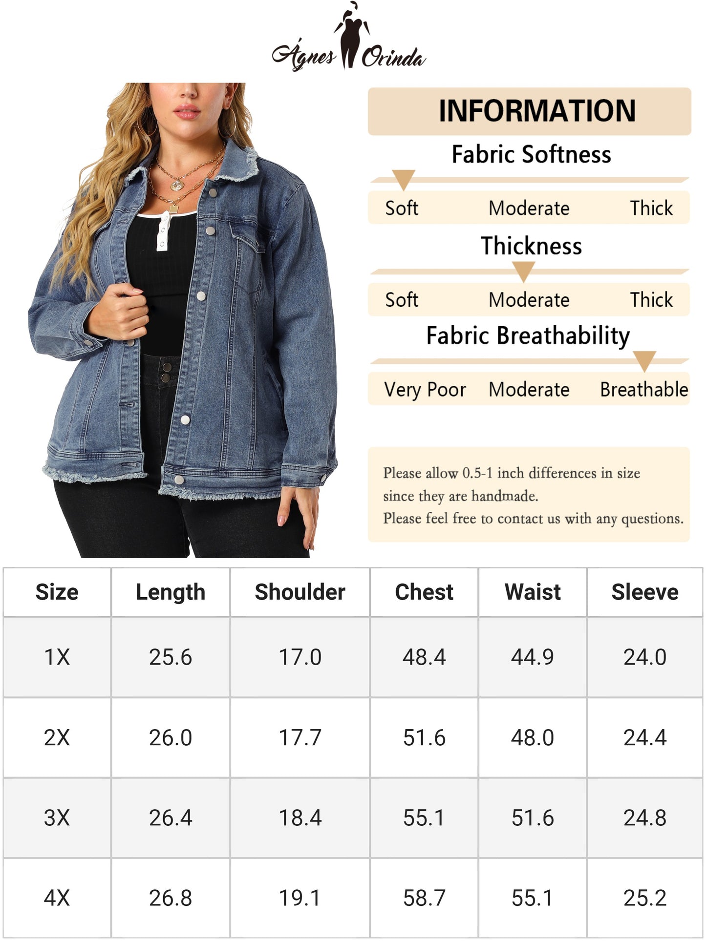 Women Plus Size Denim Jackets Frayed Hem Classic Washed Jean Jacket