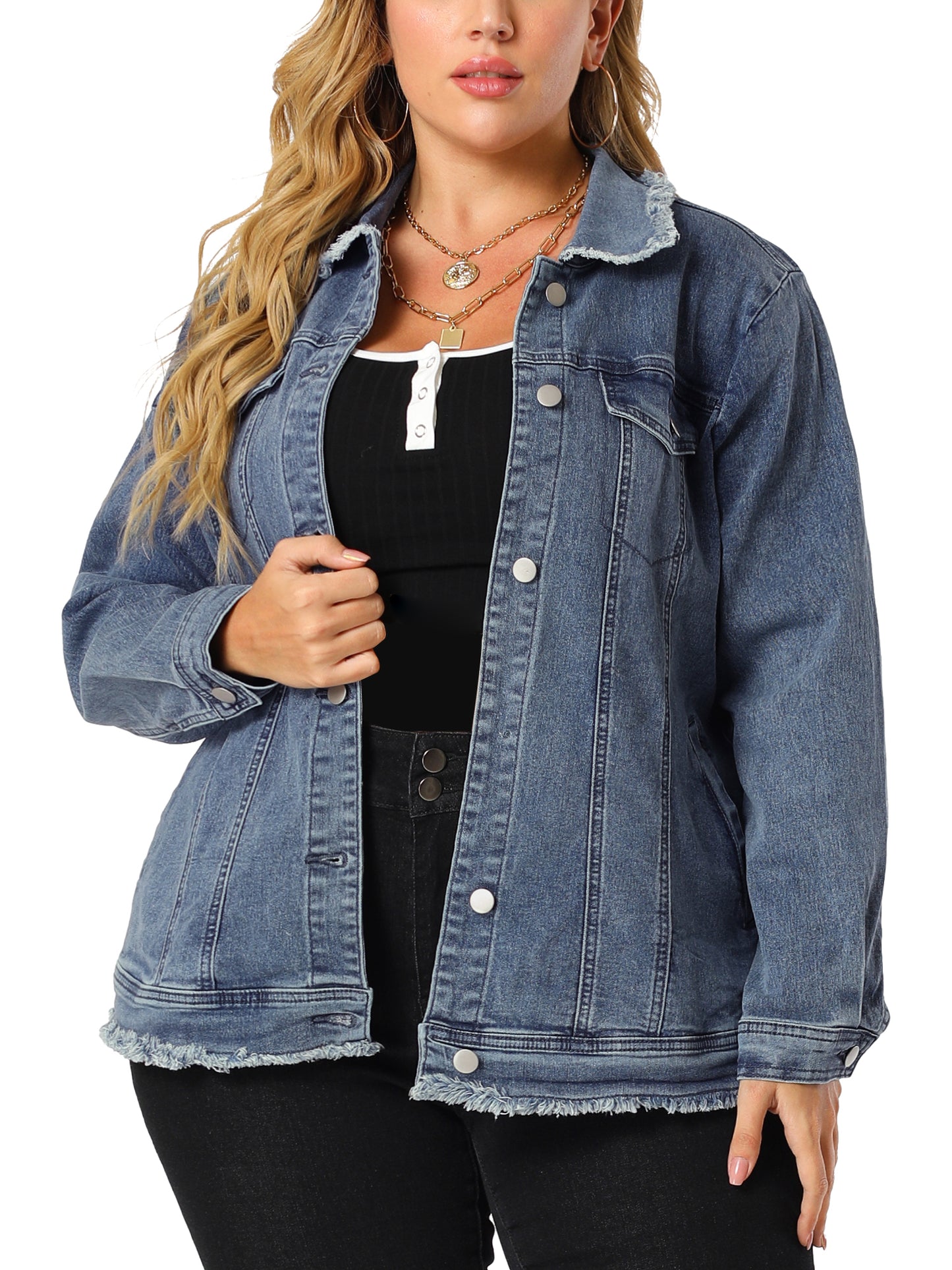 Women Plus Size Denim Jackets Frayed Hem Classic Washed Jean Jacket