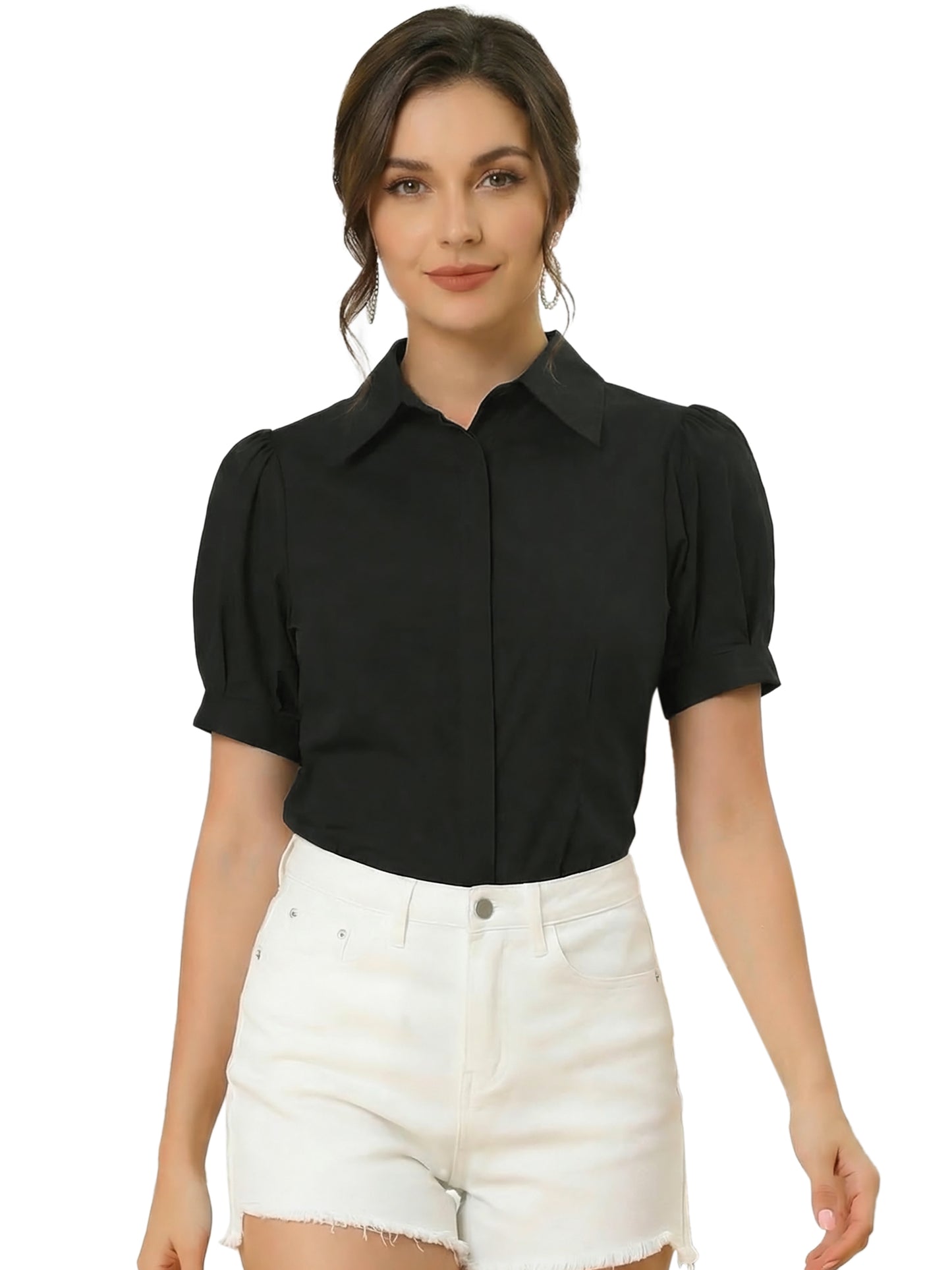Women's Work Office Button Down Shirt Puff Sleeve Collared Short Sleeve Fashion Top