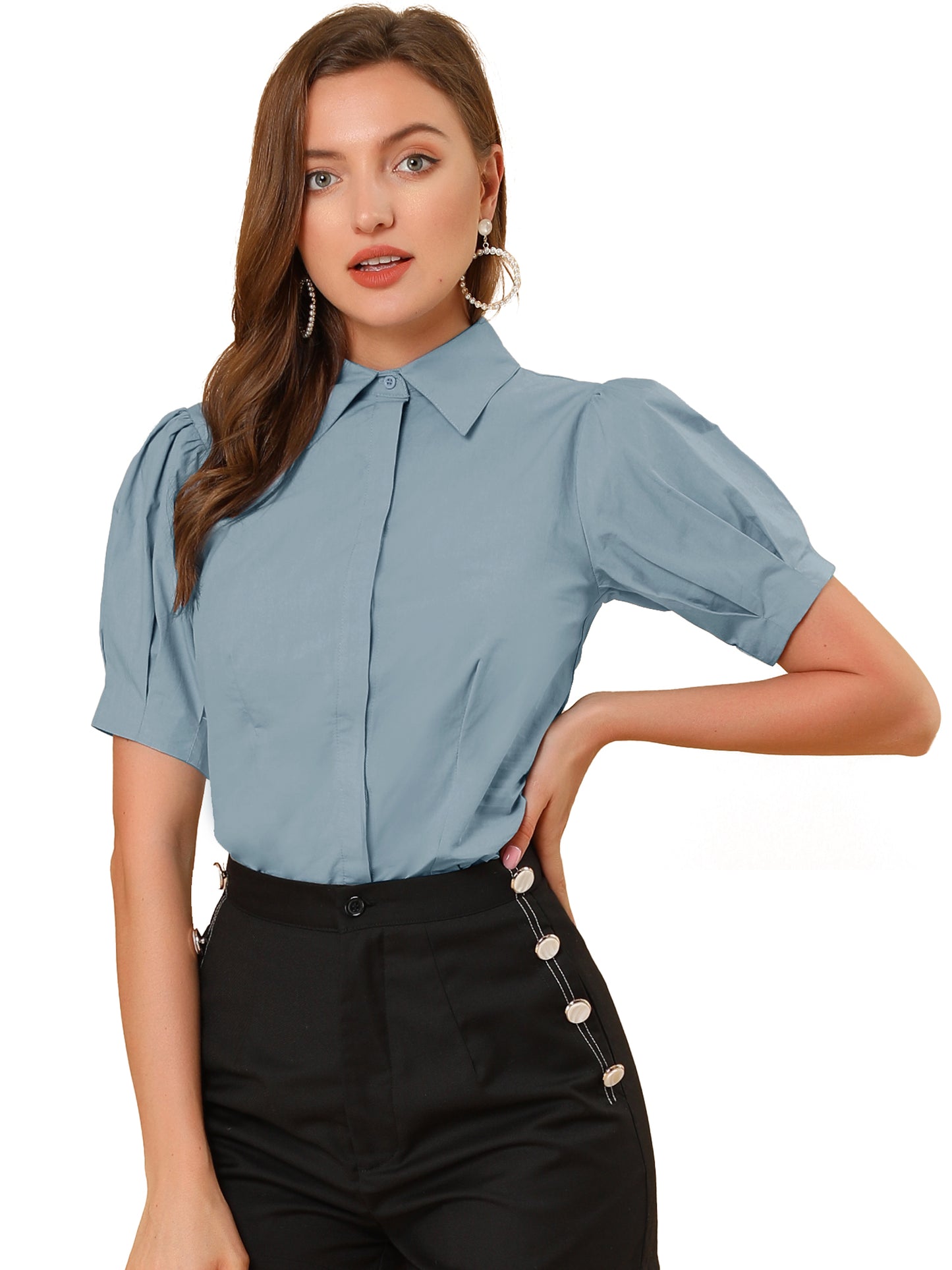 Women's Work Office Button Down Shirt Puff Sleeve Collared Short Sleeve Fashion Top
