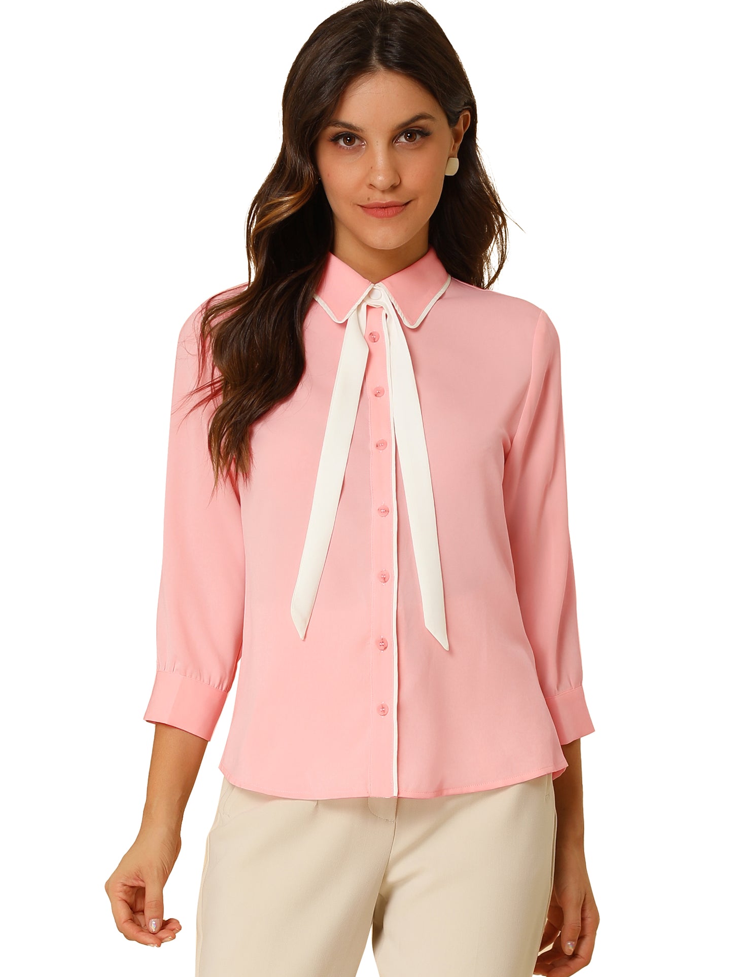 Women's Elegant Contrast Collar Blouse 3/4 Sleeve Button Up Tie Neck Office Shirt