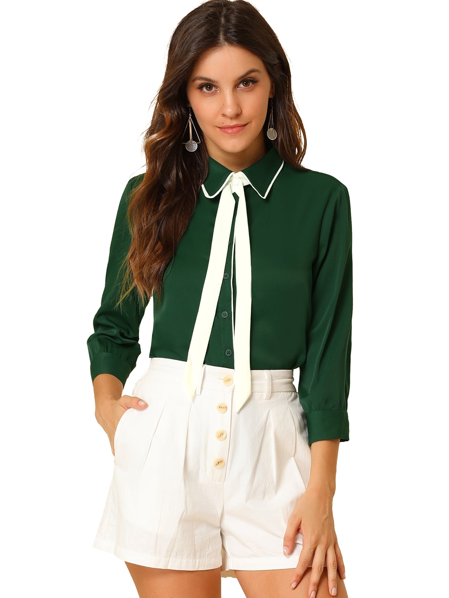 Women's Elegant Contrast Collar Blouse 3/4 Sleeve Button Up Tie Neck Office Shirt