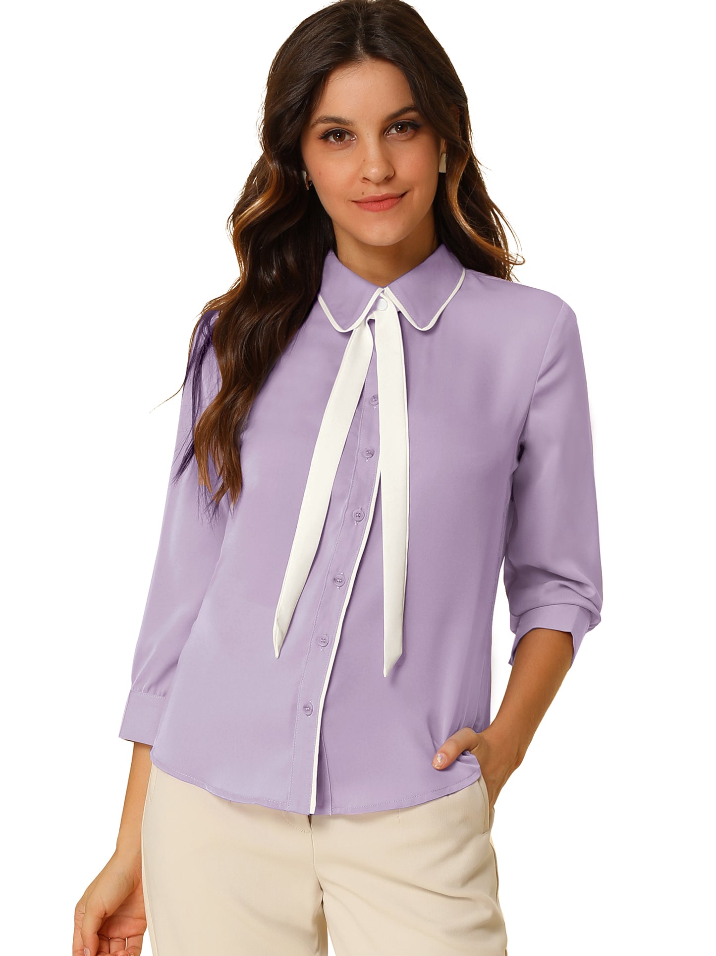 Women's Elegant Contrast Collar Blouse 3/4 Sleeve Button Up Tie Neck Office Shirt