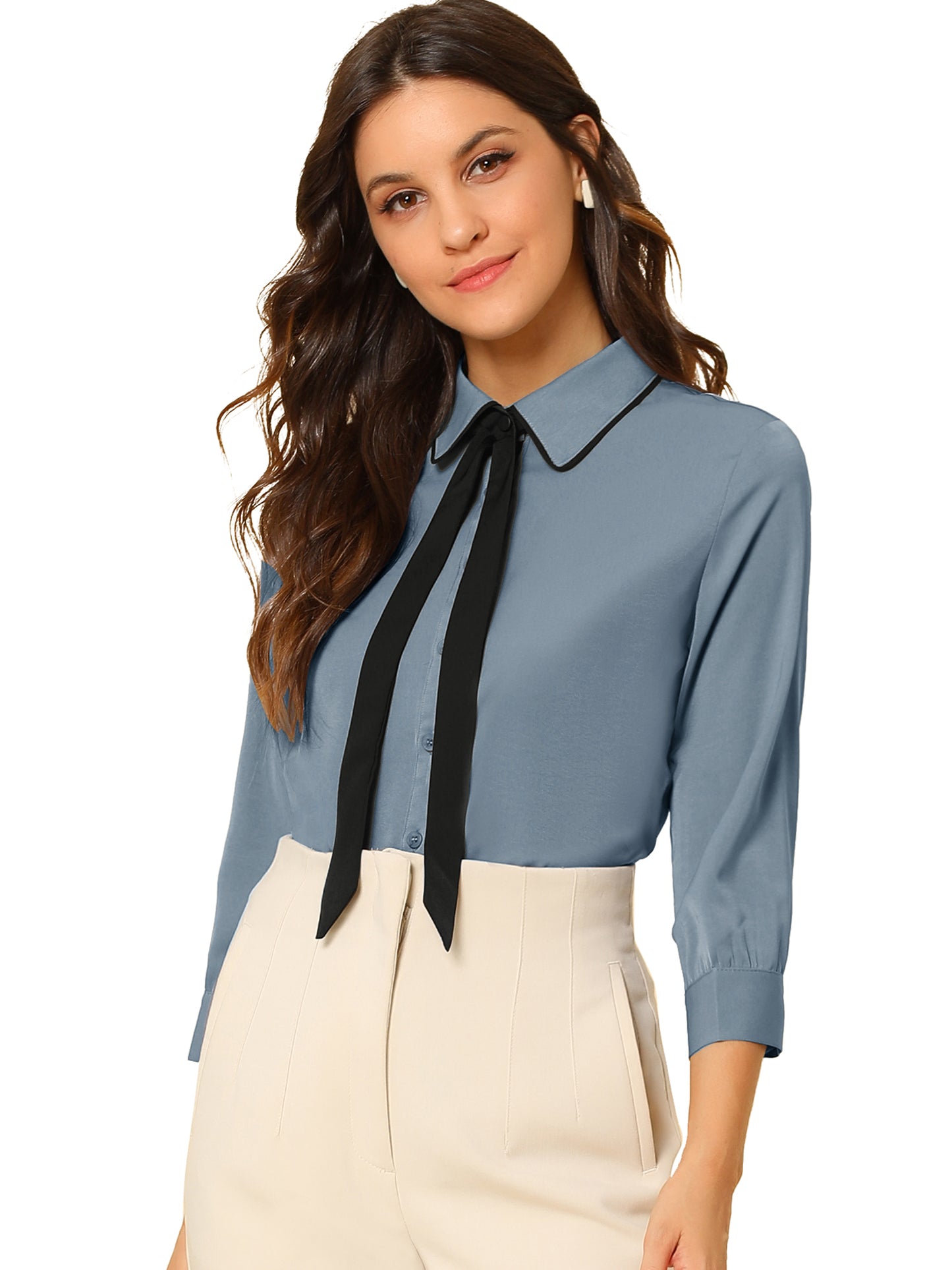 Women's Elegant Contrast Collar Blouse 3/4 Sleeve Button Up Tie Neck Office Shirt