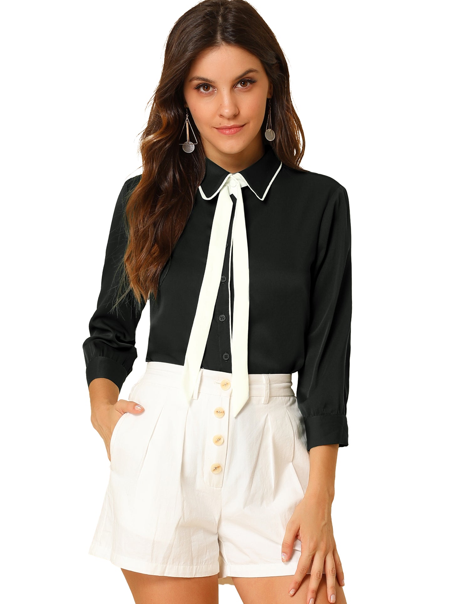 Women's Elegant Contrast Collar Blouse 3/4 Sleeve Button Up Tie Neck Office Shirt